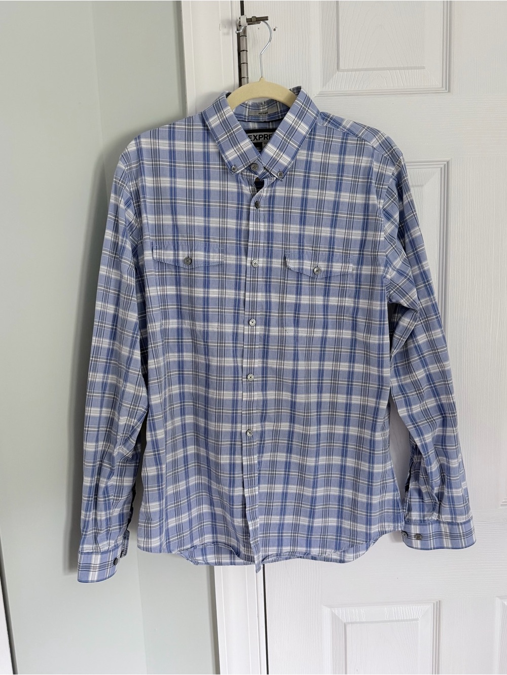 Express Men’s Light Blue and White Plaid Button-Down Shirt